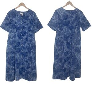 Vintage Rene Margo Blue Paisley Dress Size 16W Full Button Front Short Sleeves